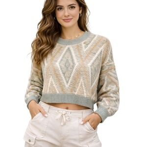 Sage the Label Aztec Cropped Sweater Women L Green Tan Geometric Y2K Chunky Knit